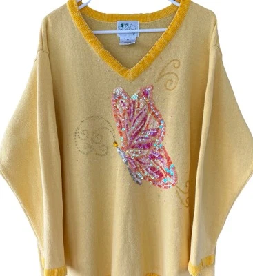 The Quaker Factory Sweater Women’s 2XL V Neck Yellow Beaded Sequin Butterfly - Image 1 of 4