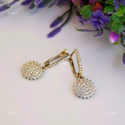 Drop Dangle Earrings Round Lab Grown/CVD Diamond Cluster 14k Yellow Gold - Image 1 of 4