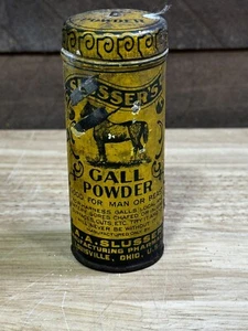Antike Vintage Slusser’s Gall Pulver Pferd Dose selten gelb Pulversattel - Bild 1 von 7