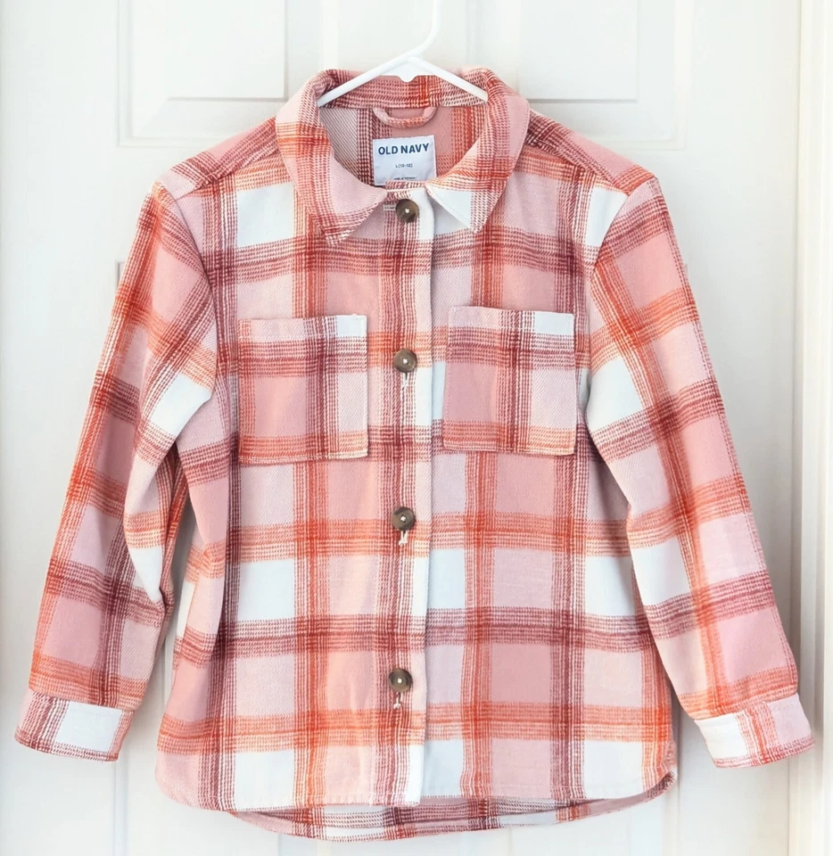 Old Navy Girls Plaid Flannel Coat Long Sleeve Shirt, Size 10 12, Red Pink White  - Image 1 of 4