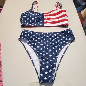 Womens Size M High Thigh 2 Piece Bikini Swimsuit Patriotic Stars & Stripes 