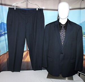 BILL BLASS 52R Wool & Polyester Navy Striped 2B 2-Vent Suit - Pants 40 x 27