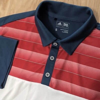 Camisa polo masculina Adidas pequena vermelha azul colorblock desempenho elástico colarinho golfe - Imagem 1 de 4