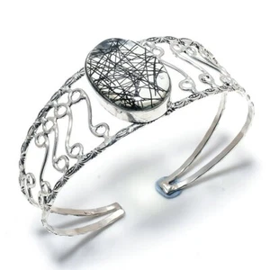 Black Rutile Gemstone Handmade 925 Silver Cuff Bracelet Adjustable R-5015 - Picture 1 of 1