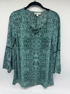 Dana Buchman Woman’s Snake Skin Print Bell Sleeve Teal Blouse Size S - Picture 1 of 5