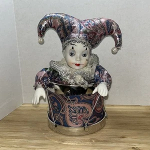  Porcelain Harlequin Jester Clown/Doll In A Drum Animated Music Box  - Picture 1 of 6