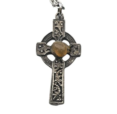 Mens Womens Stainless Steel Celtic Knot Yellow Evil Eye Cross Pendant Necklace - Image 1 of 4