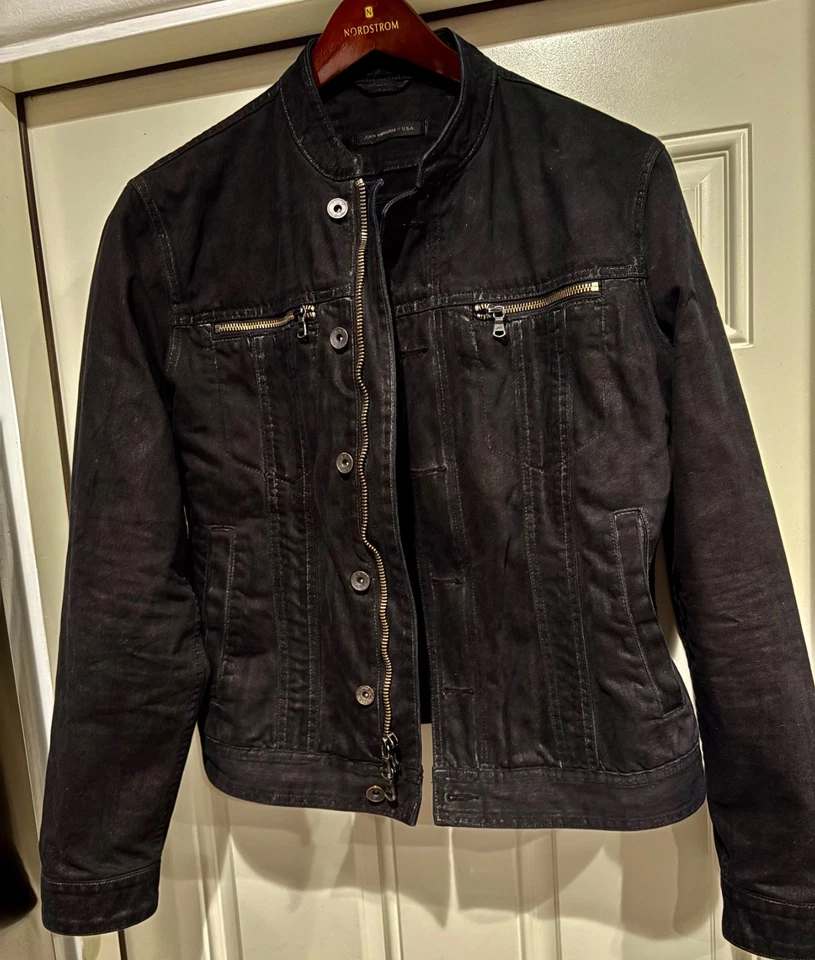 John Varvatos trucker Jacket w/Mandarin Collar, Zip/Button closure-Medium-Black - Image 1 of 4