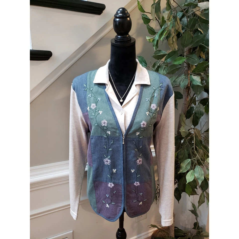 Cárdigan para mujer Alfred Dunner talla L bordado con cremallera verde/azul Foto 1 de 4