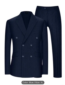 Men's striped two-piece suit with Blue collar and double breasted buttons - Picture 1 of 2