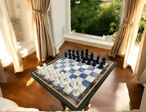 15" Handmade Black Marble Chess Set with Lapis Stone Custom chess set Room Decor - Picture 1 of 8