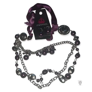 Paparazzi Necklace Purple Beaded Ribbon Metals Chain Hook Earrings Statement - Picture 1 of 4