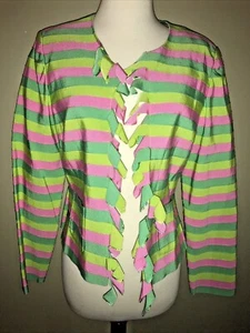 Carlisle Ribbon Jacket Sz 6 Cotton Rayon Pink & Green Fringe Opening Long Sleeve - Picture 1 of 10