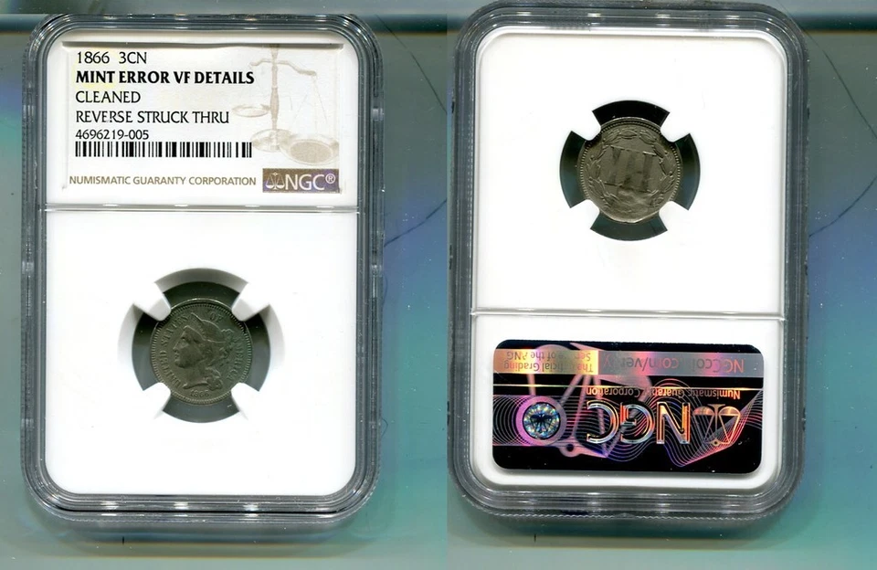 1866 THREE CENT NICKEL ERROR STRUCK THRU COIN NGC VF DETAILS - Image 1 of 1