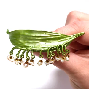 Large Leaf & Dangle Brooch Pin Enameled & Imitation Pearls Art Deco Style New - Picture 1 of 4
