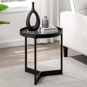 WALKER EDISON 17" Modern Black Glass Top Side Sofa End Coffee Table Vintage Style Living Room