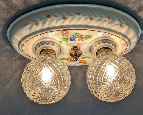 PORCELIER 2-Bulb Porcelain Ceiling Lights Blue-Green-Orange Accents, Rewired Cover