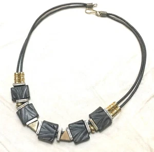 Vintage Necklace Carved Clay Beads Corded Gold Tone & Silver 7 1/2" Long Boho - Picture 1 of 3