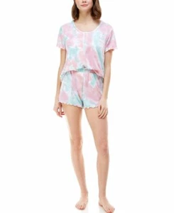 NWT! Roudelain Women's Sz M Ribbed Lettuce-Trim Shorts Lounge Pajama Set Tie Dye - Picture 1 of 7