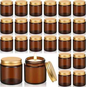 24 Pcs 4 Oz Amber round Glass Candle Jars with Lids - Empty Container Tins - Picture 1 of 7