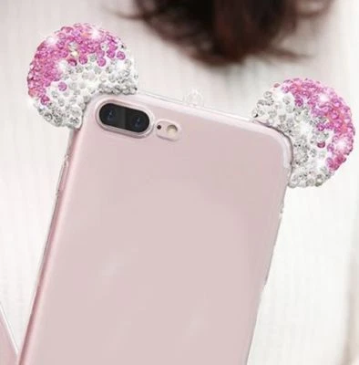 for iPhone 8+ PLUS - Pink Diamond Rhinestone Mouse Ears Rubber Case Cover Cover - Image 1 of 4