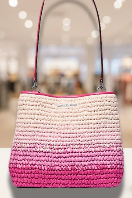 Michael Kors Pratt Women Medium Ombré Straw Bucket Shoulder Bag Dragonfruit - Image 1 of 4