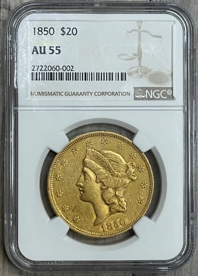 1850 P $20 Liberty Head Double Eagle NGC AU-55, moneda de fecha semiclave de alto grado Foto 1 de 4