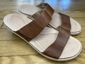 Crocs A-Leigh Wedge Sandal Women's US 7 Strap Leather Shoe Brown Tan Comfort - Picture 1 of 6