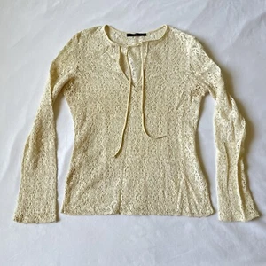 Elie Tahari Top S Ivory Long Sleeve Lace Crochet Sheer Keyhole Neck 90’s Slit - Picture 1 of 24