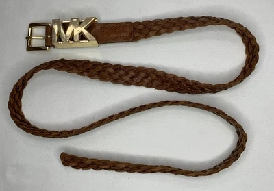 Michael Kors Brown Leather Woven Belt Gold MK Buckle 38.5” Total Length - Image 1 of 4