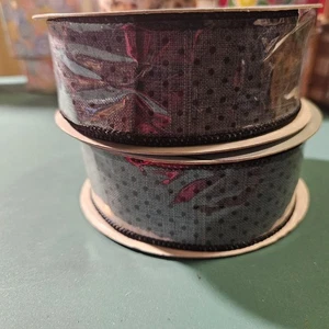 2 Rolls Expressions Blue/Gray with Black Polka Dots Wired Ribbon - Picture 1 of 3