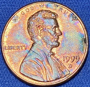 1999-D Lincoln Memorial Penny Rainbow Toned Coin #4 - Picture 1 of 12
