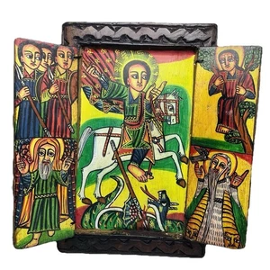 Ethiopian Vintage Coptic Orthodox Icon  Hand Painted Wooden Saints Icon - Picture 1 of 7