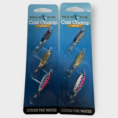 KIT SURTIDO CUCHARAS CHAMP FUNDIDAS ZORRO AZUL DORADO CROMO TRUCHA AZUL 1/8 OZ LOTE DE 2 Foto 1 de 2