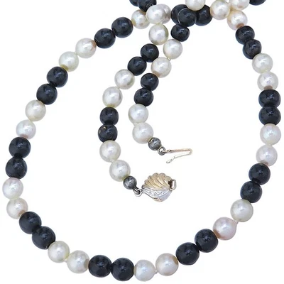 Kette Schwarze Koralle Malediven und Perlen Diamanten 585er Gelbgold - Bild 1 von 3