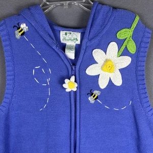 Quaker FactoryBlue Flower Bee Full Zip Hood Slvlss Knit Sweater Top SZ L - Picture 1 of 7