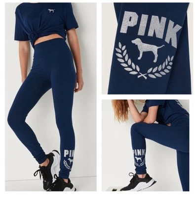 Legging Victoria Secret Rosa Cintura Alta Largo Completo Azul Plateado Brillo Logo XL Foto 1 de 4