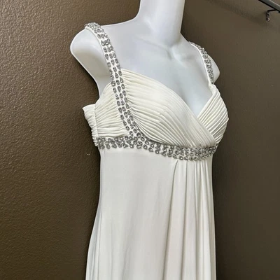 JS BOUTIQUE Long Formal Dress Ivory Size 8 Flowy Grecian Jeweled Wedding 4104 - Image 1 of 4
