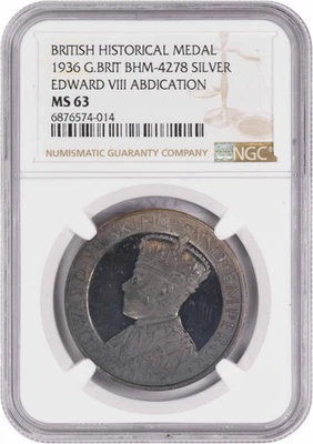 1936 Great Britain Silver Medal Edward VIII Abdication BHM-4278 MS63 NGC - Image 1 of 2