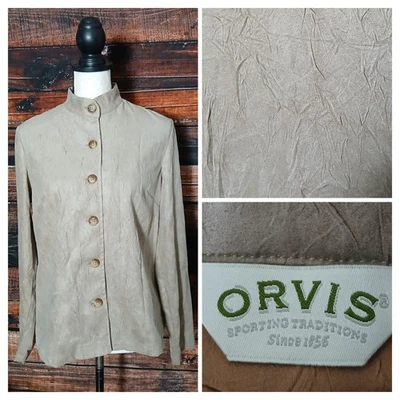 Blusa Chaqueta Orvis Top Talla 6 Texturizada Crepé Botón Frontal Beige Imitación Gamuza  Foto 1 de 4