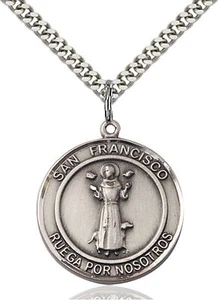 Sterling Silver San Francis of Assisi Holy Medal Pendant Necklace 24"GiftBox - Picture 1 of 3