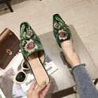 Womens Mid Kitten Heel Velvet Floral Embroider Slipper Pointed Toe Mules Shoes