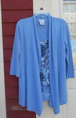 Cárdigan drapeado Blair azul manga 3/4 frente abierto con blusa adjunta mediana Foto 1 de 4