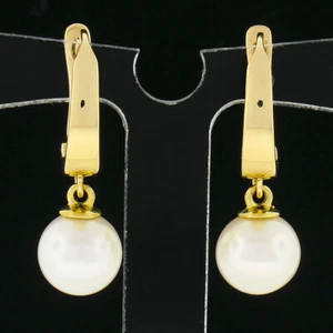 New 14k Yellow Gold Plain Huggies Earrings w/ 7.8mm White Bead Pearl Drop Dangle - Picture 1 of 5