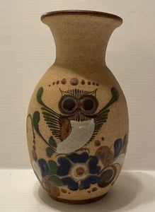 Vaso Tonala vintage arte popolare messicana ceramica arenaria gufo fiori firmato - Foto 1 di 9