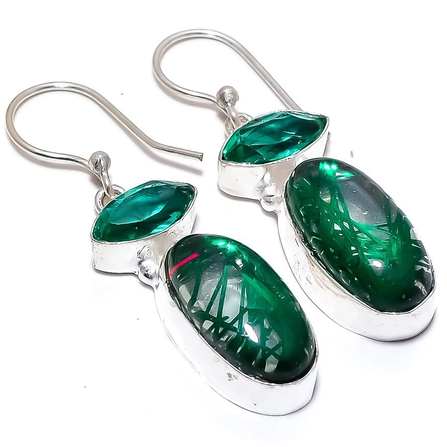 Green Rutile Quartz Gemstone Handmade 925 Silver Jewelry Earring 1.9" R-2348 - Image 1 of 1