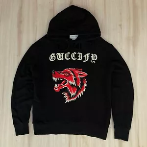 BLACK GUCCI 'GUCCIFY' WOLF EMBROIDERED HOODIE COTTON - Picture 1 of 11