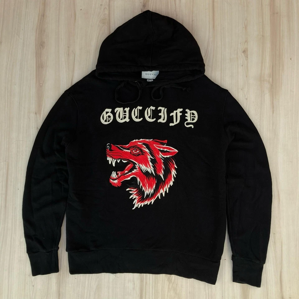 BLACK GUCCI 'GUCCIFY' WOLF EMBROIDERED HOODIE COTTON - Image 1 of 4
