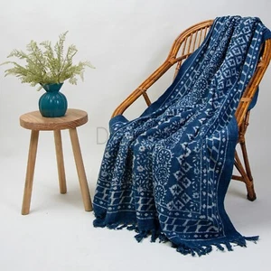 Indigo Blue Hand Block Print Throw Handloom Indian Cotton Sofa Bed Couch Blanket - Picture 1 of 6