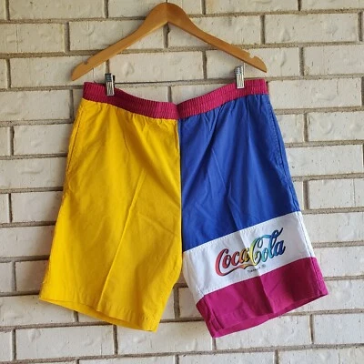 Vntg Coca-Cola Pink Blue Yellow Color Block Swim Trunks, Men's Size Large - Image 1 of 4